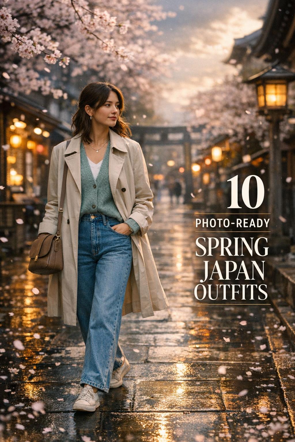 Spring Japan outfits women: stylish traveler in beige trench walking Tokyo cherry blossom street in light drizzle