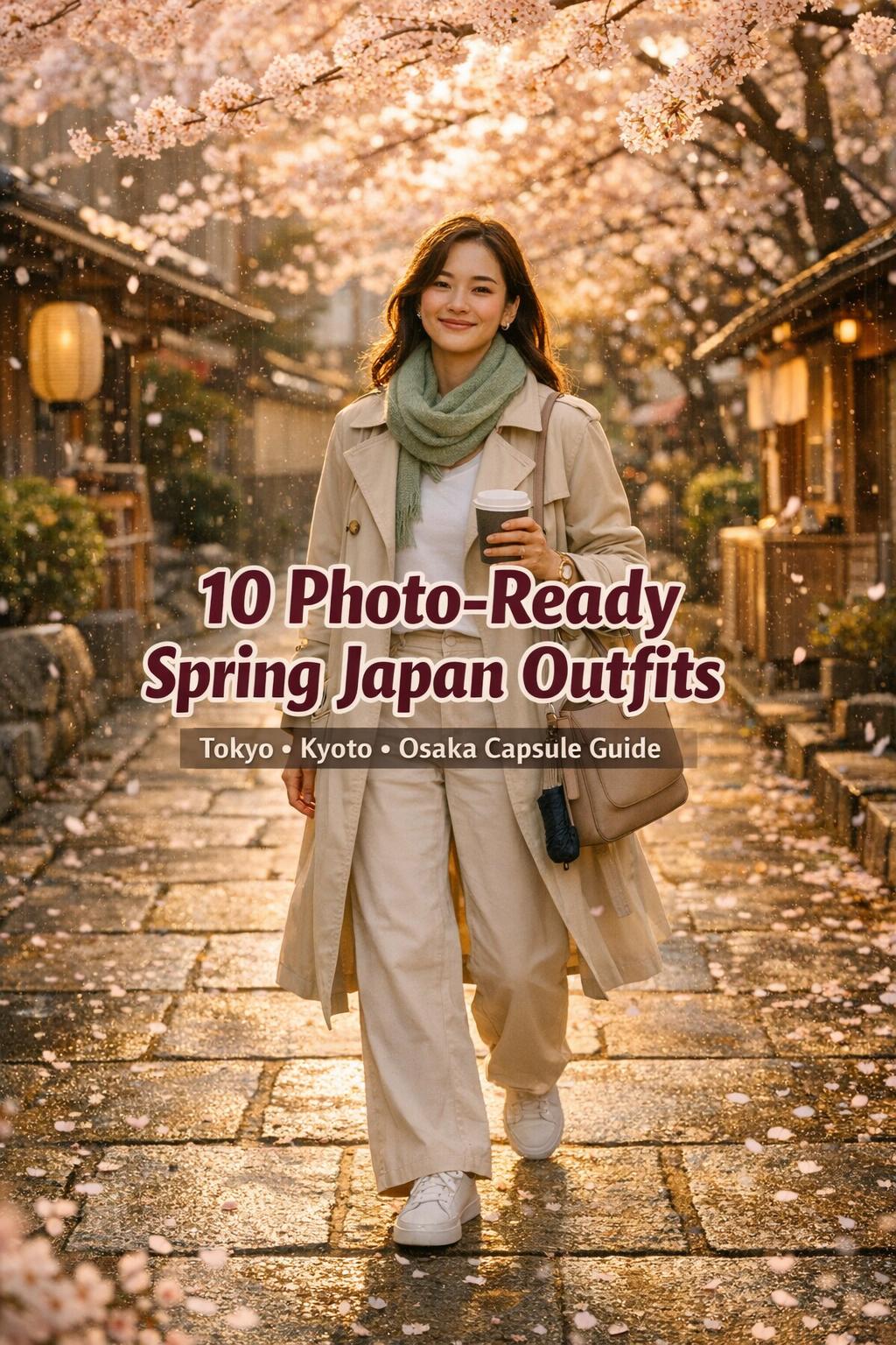 Spring Japan outfits women: stylish traveler in trench walking under cherry blossoms in Tokyo with golden-hour light