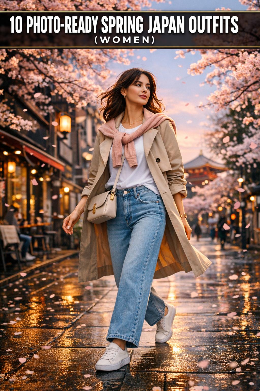 Spring Japan outfits women wearing light layers on a Tokyo street during cherry blossom season