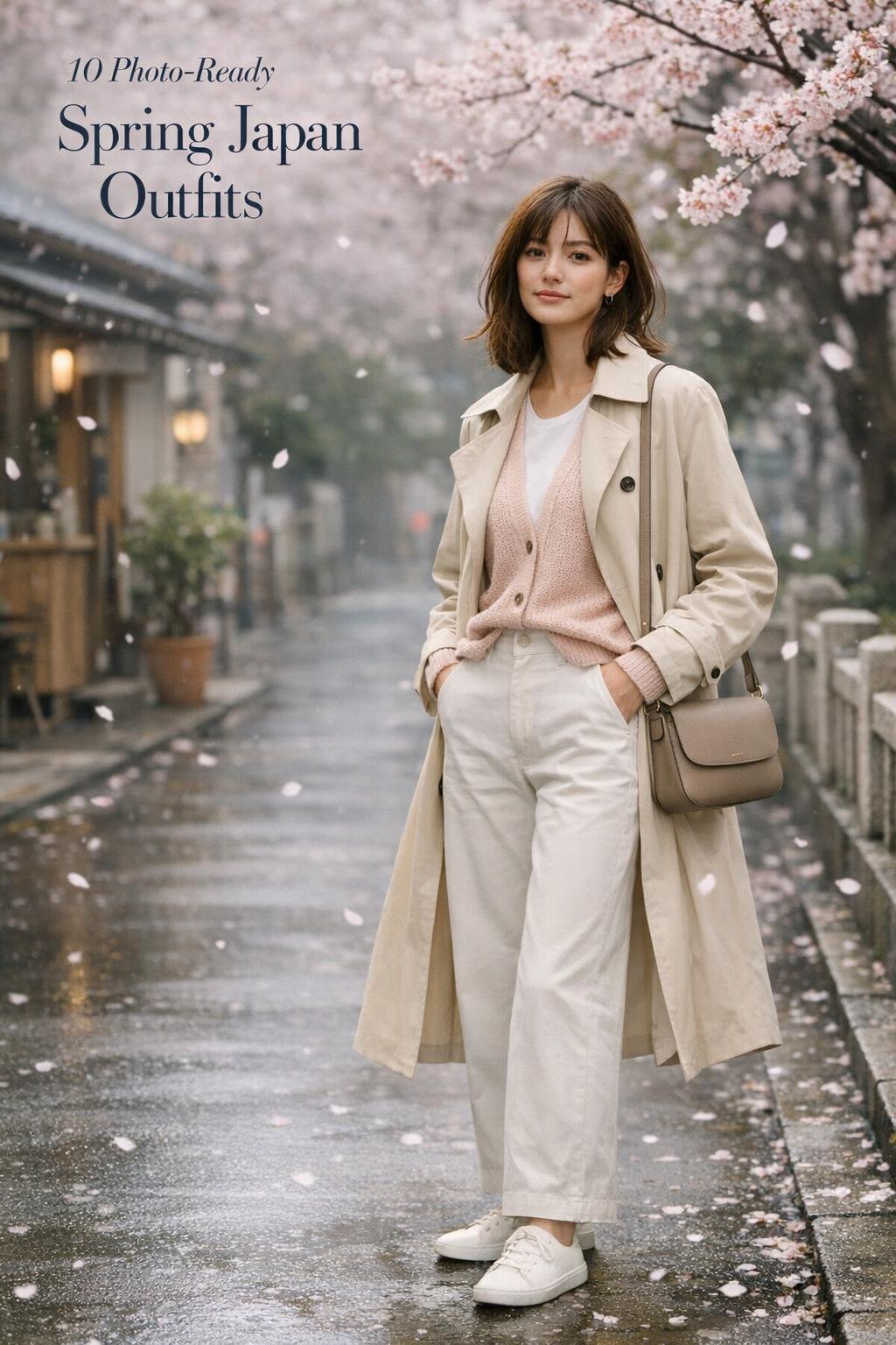 Spring Japan outfits women: stylish woman in trench coat under Tokyo cherry blossoms by a café on a drizzly street
