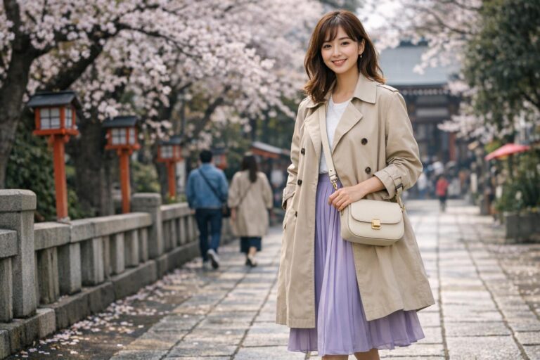 Spring Japan outfits women wearing trench coat and midi dress under cherry blossoms in Tokyo, stylish layered travel look