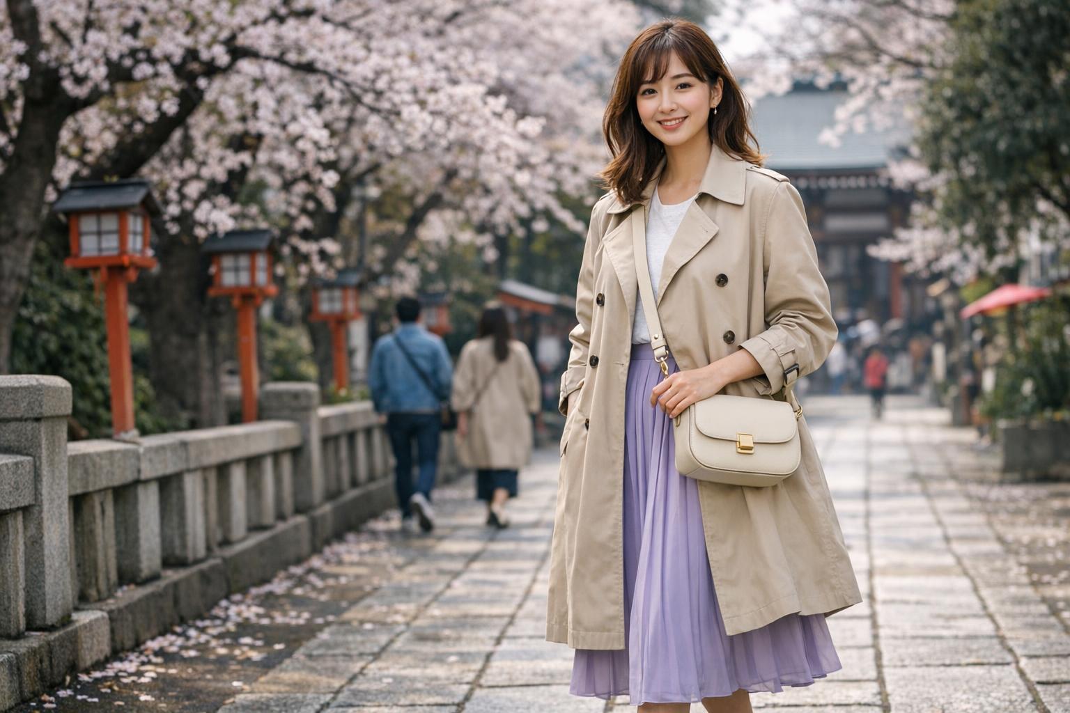 Spring Japan outfits women wearing trench coat and midi dress under cherry blossoms in Tokyo, stylish layered travel look