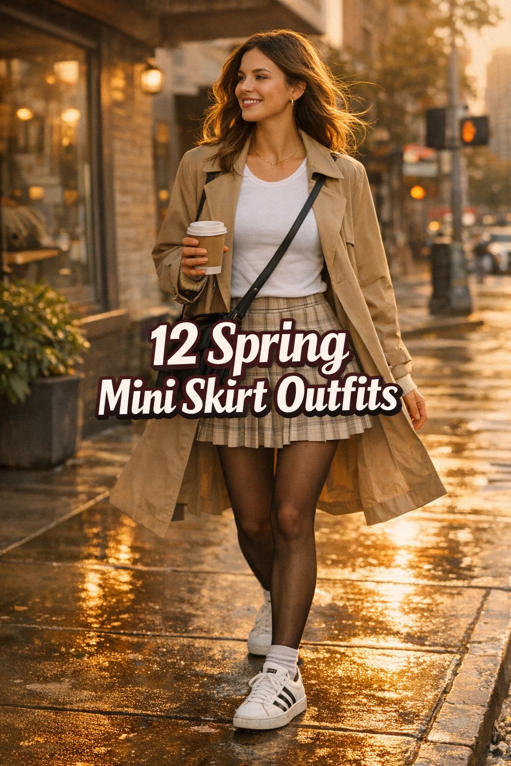 Woman on a coffee run in warm golden-hour light wearing spring mini skirt outfits on a wet modern city street corner
