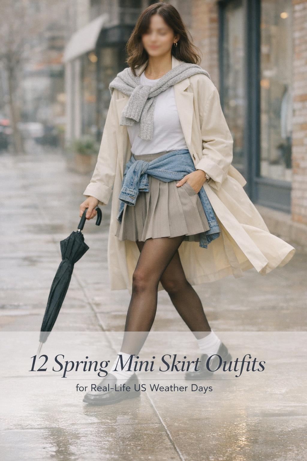 Spring mini skirt outfits street style on a breezy US city sidewalk with trench coat, tights, and loafers
