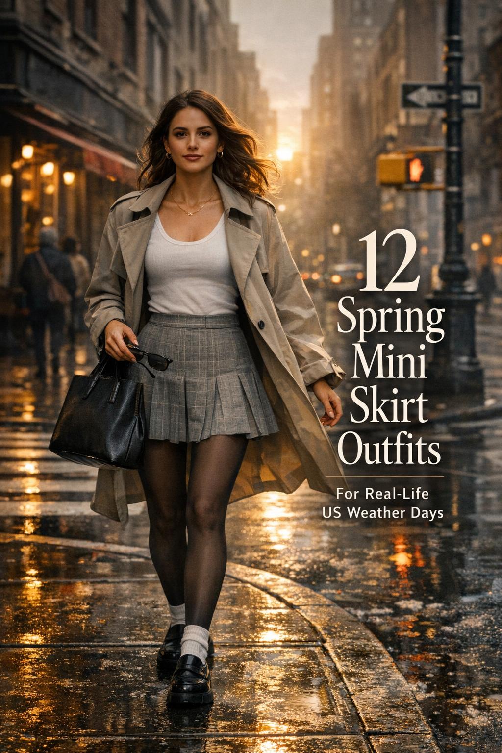 Spring mini skirt outfits street style: woman walking on a wet city sidewalk in layered blazer look at golden hour