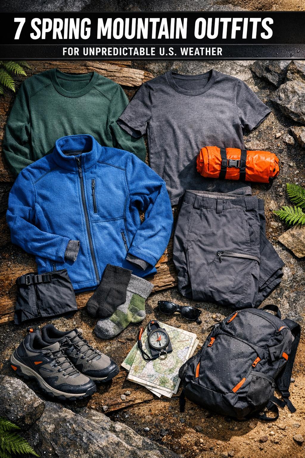 Spring mountain outfits styled in a scenic alpine landscape, featuring layered jackets, boots, and cozy accessories