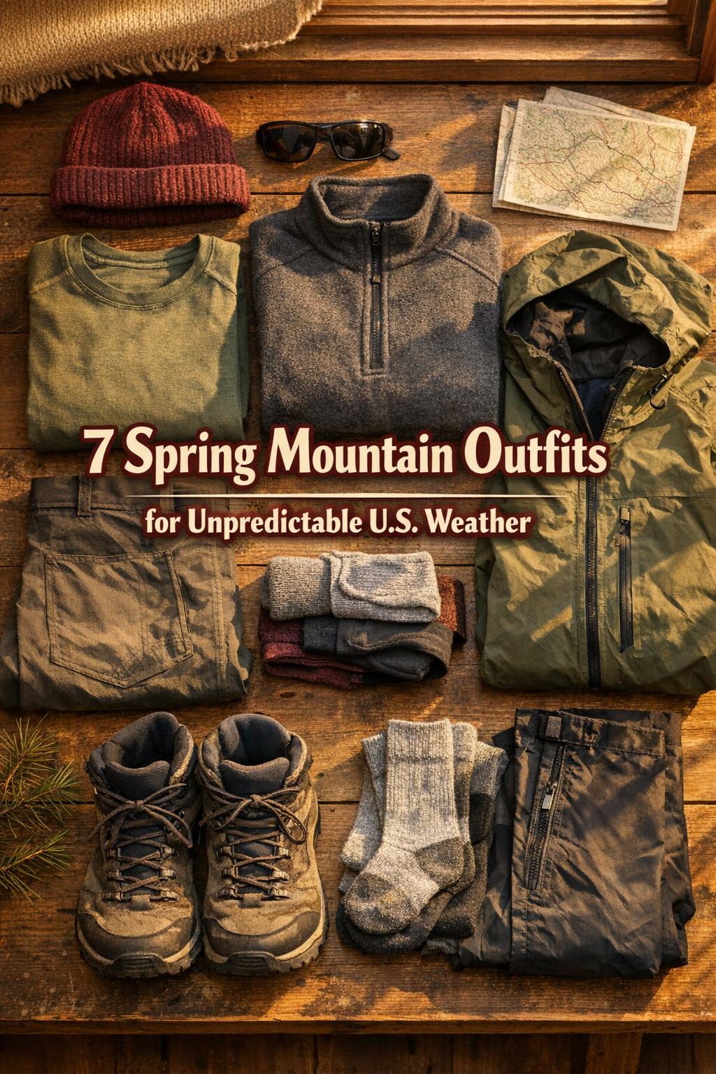 Spring mountain outfits flat lay with hiking layers, shell jacket, trail shoes, socks, hat, and map in warm golden light