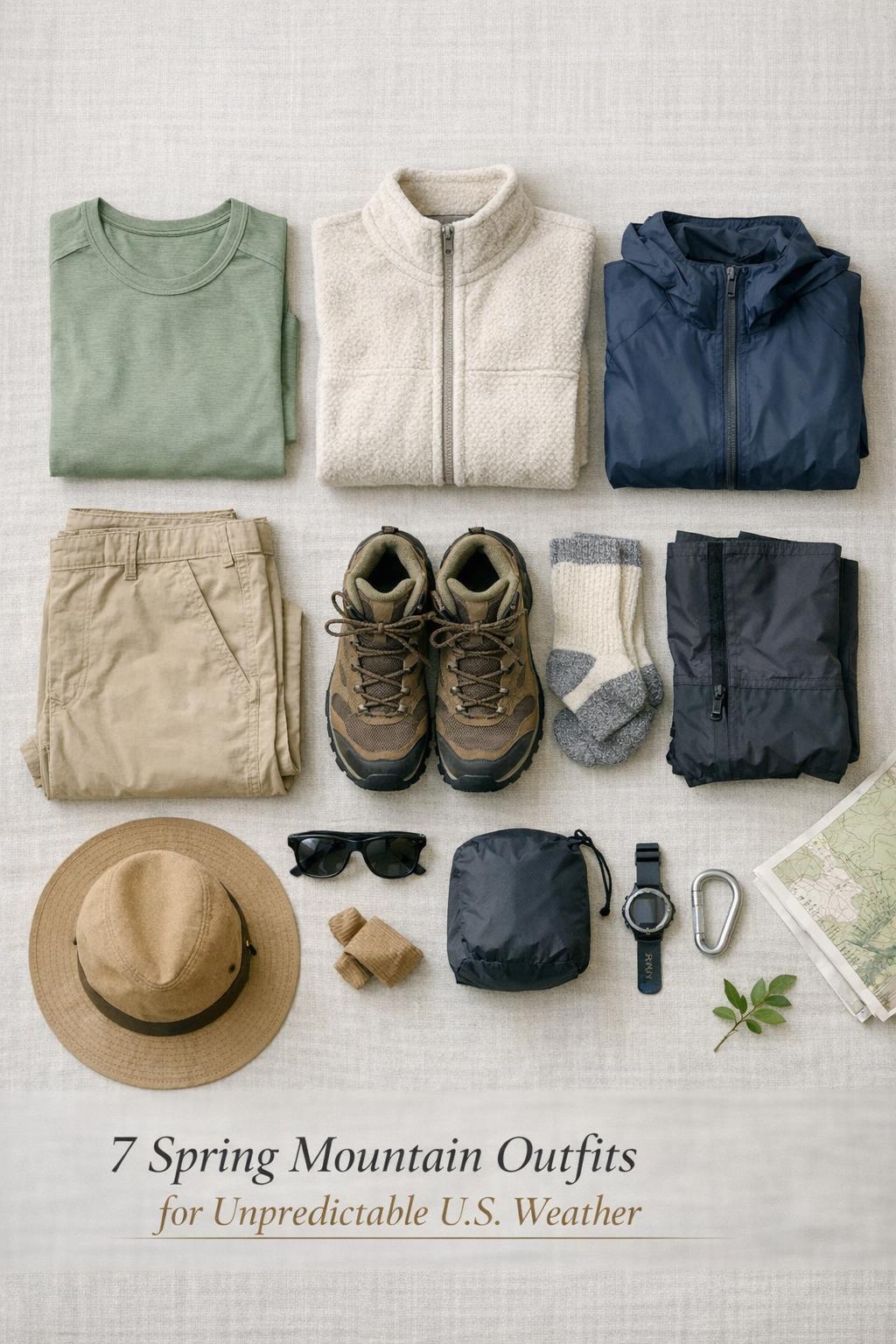 Spring mountain outfits flat lay with layered hiking clothing, boots, accessories, and text overlay for unpredictable weather