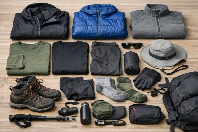 Spring mountain outfits with layered hiking jacket, fleece midlayer, and quick-dry pants on a breezy mountain trail