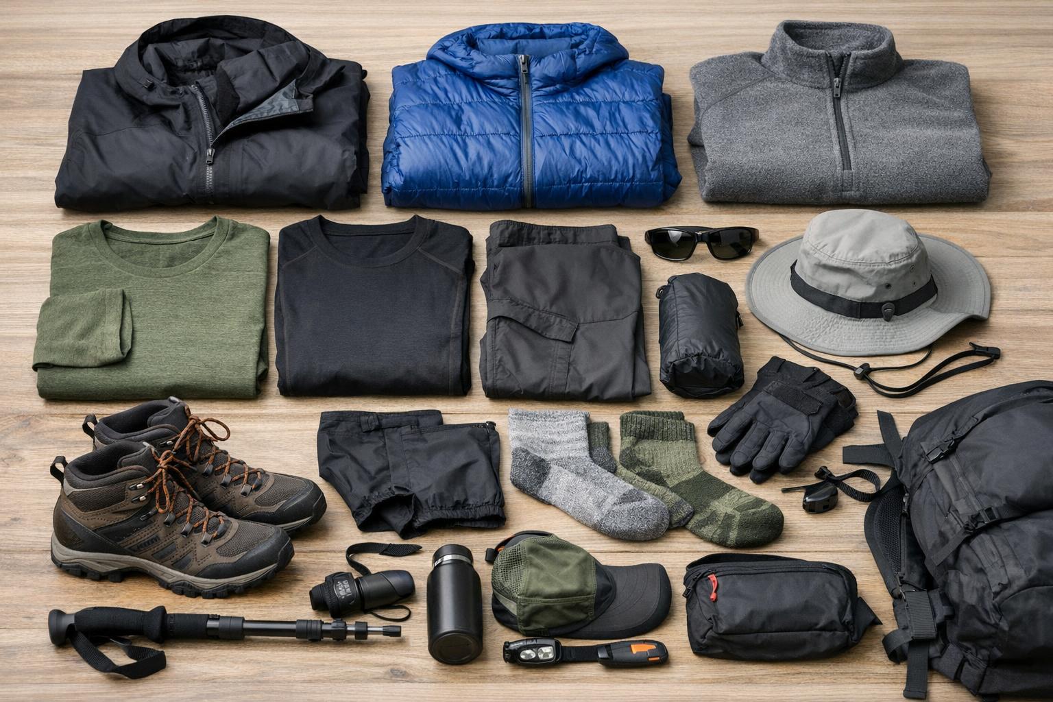 Spring mountain outfits with layered hiking jacket, fleece midlayer, and quick-dry pants on a breezy mountain trail