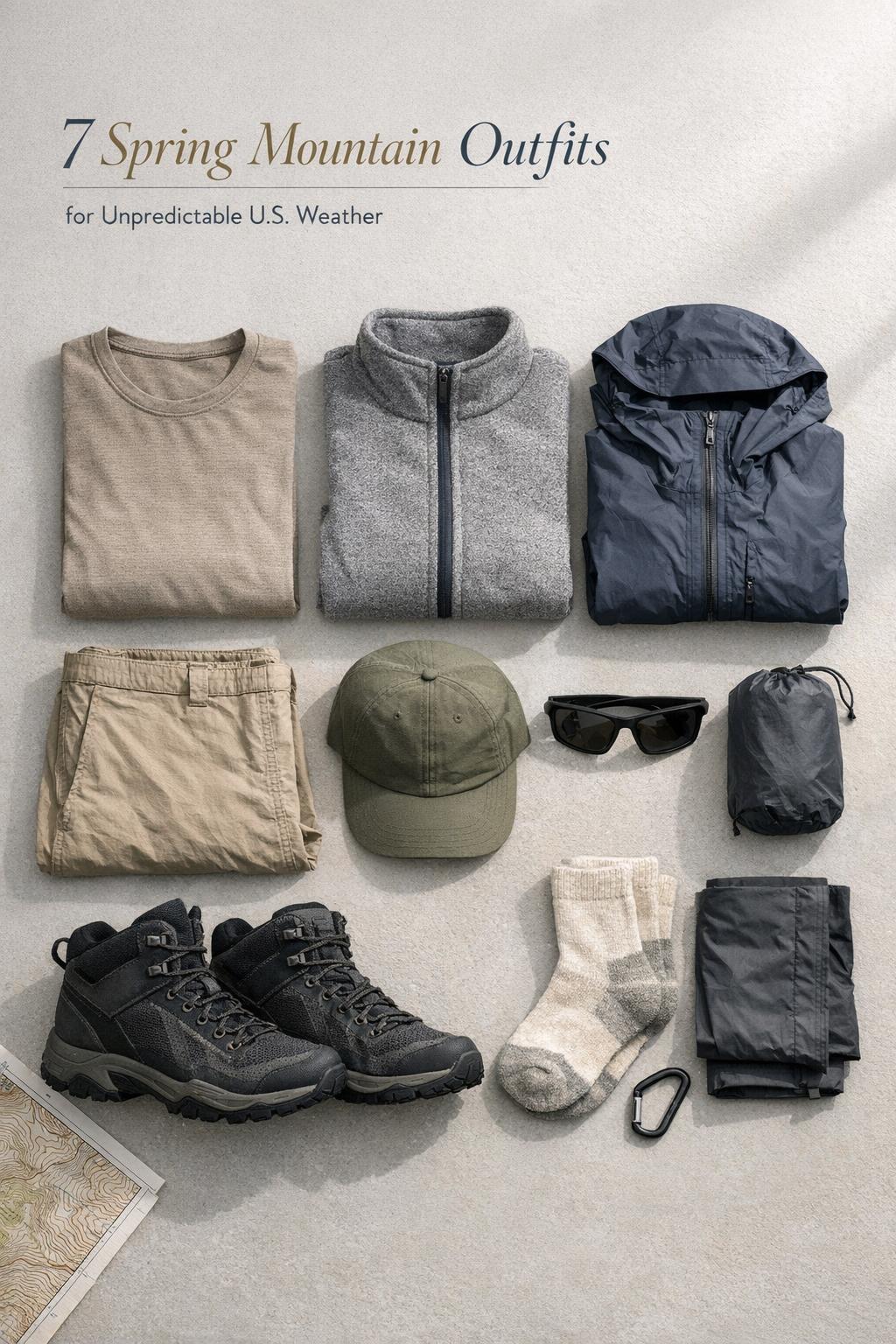 Spring mountain outfits flat lay with layered hiking clothing, boots, cap, map and carabiner on neutral stone surface