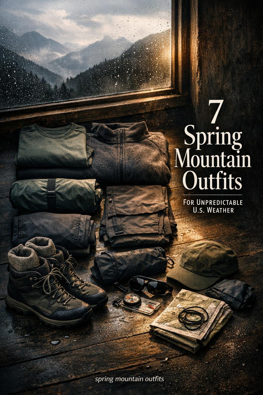 Spring mountain outfits modular hiking kit flat lay with layered clothing, boots, and map on dark moody surface
