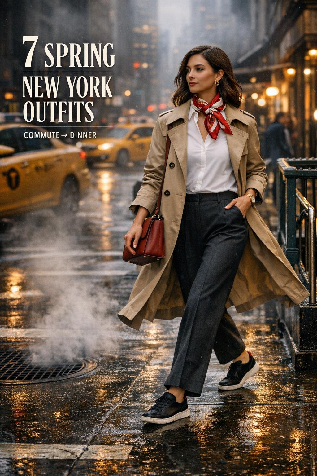 Spring New York outfits street style woman in beige trench crossing wet NYC street with red accent bag and misty lights