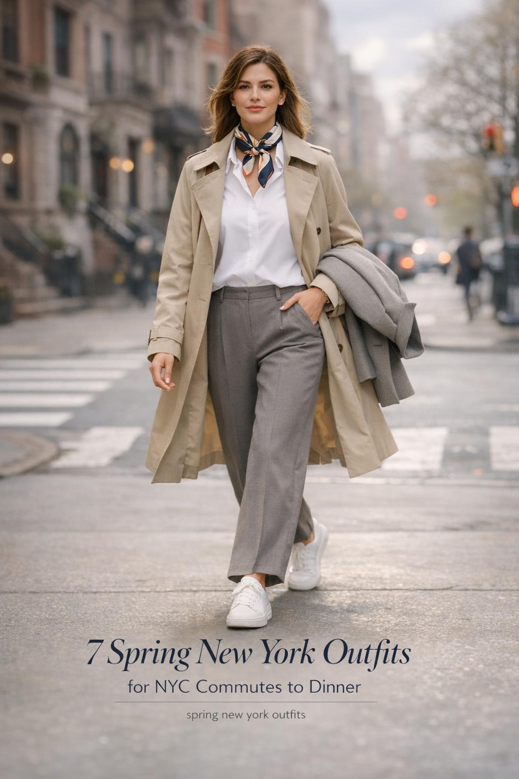Spring New York outfits: woman in beige trench coat and scarf walking on an NYC sidewalk with text overlay for commutes to dinner.