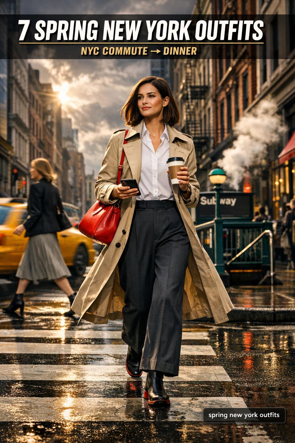Spring New York outfits photographed on a stylish city street with light layers, sneakers, and a trench coat
