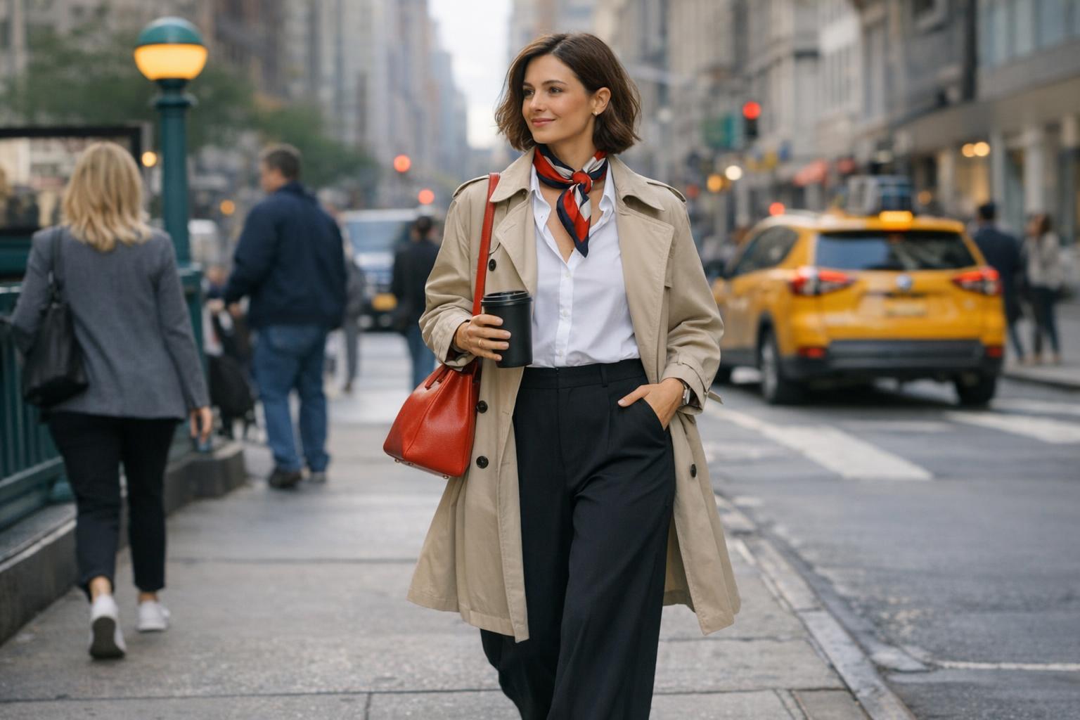 Spring New York outfits for NYC commute: trench coat with wide-leg trousers and silk scarf on a city street
