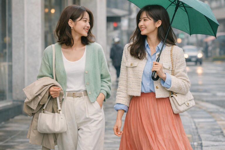 Spring outfits korea street style with a pastel cardigan, pleated midi skirt, and lightweight trench for US weather swings