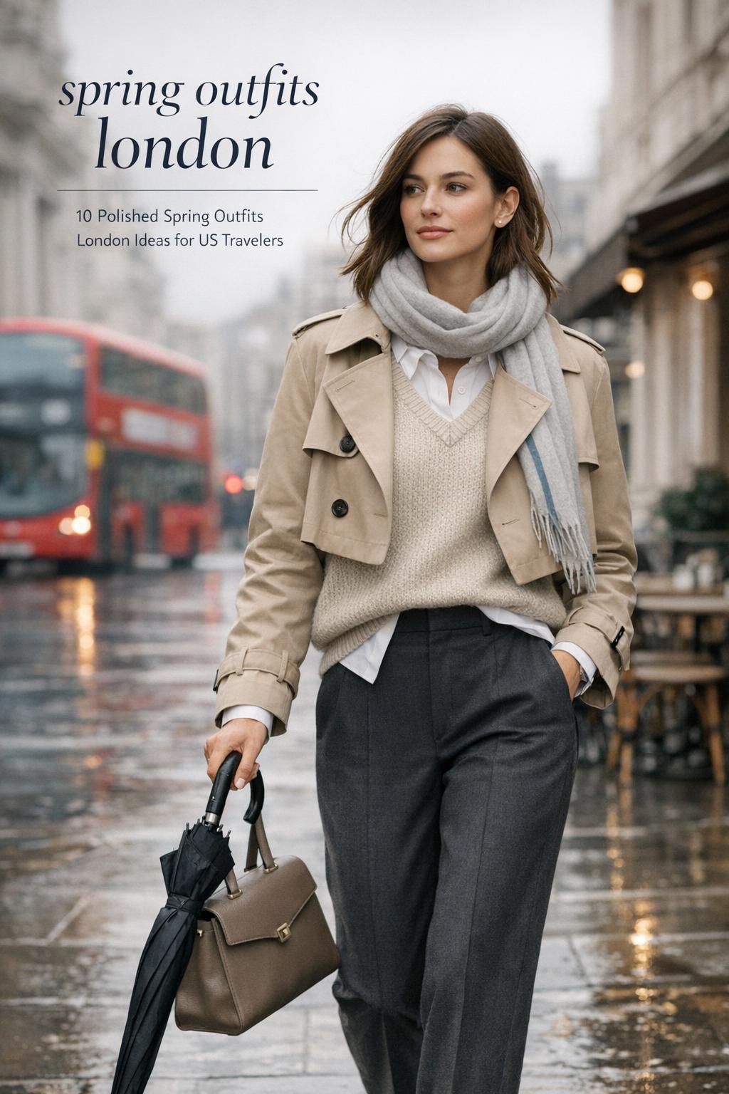 Spring outfits London street style woman in beige trench on wet pavement, carrying umbrella in central London after drizzle
