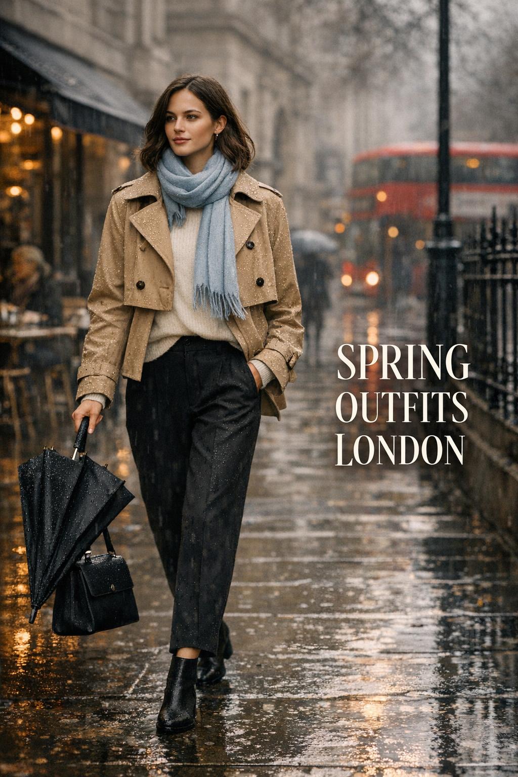Spring outfits London street style: traveler in trench coat with umbrella on rainy central London sidewalk, cinematic editorial