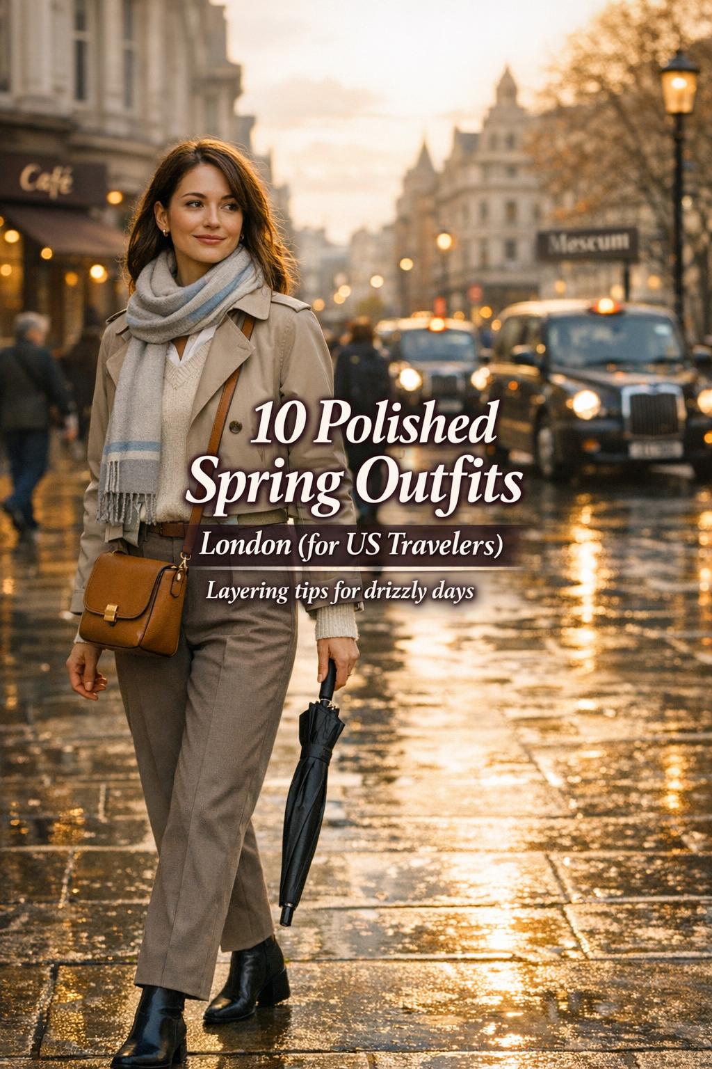 Spring outfits London: stylish US traveler in beige trench on rainy golden-hour London street near cafe, umbrella in hand