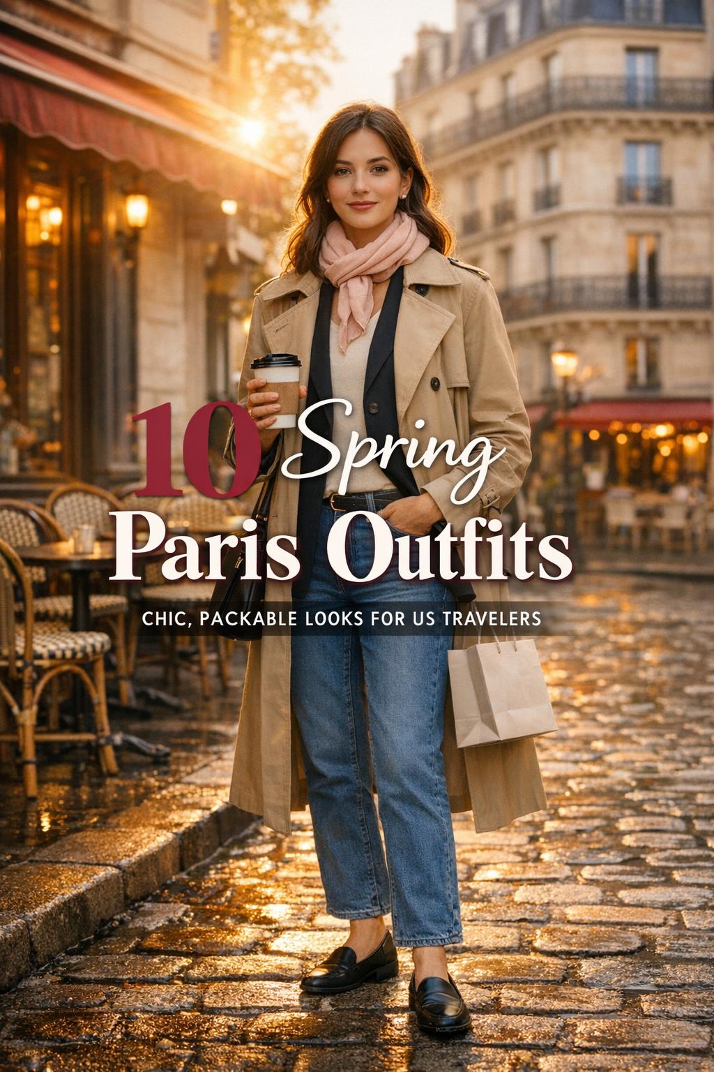 Spring Paris outfits on a stylish woman in a beige trench on a cobblestone street near a cozy cafe at golden hour