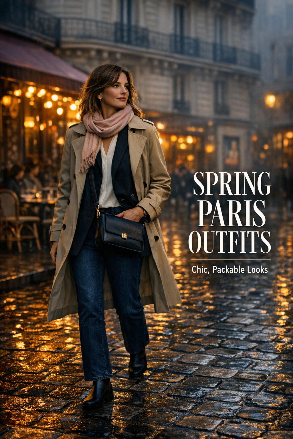 Spring Paris outfits cover photo of a stylish traveler in Le Marais on a wet cobblestone street at dusk.