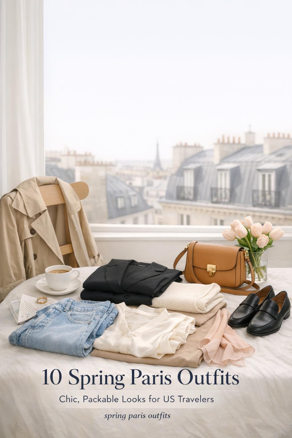 Spring Paris outfits flat lay on a bright balcony with trench coat, blazer, denim, coffee, and tulips overlooking rooftops
