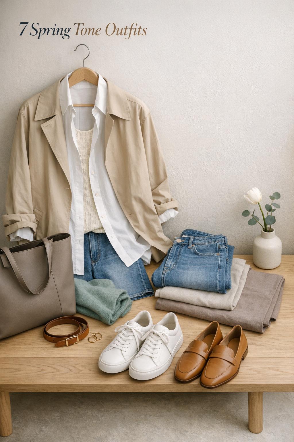 Spring tone outfits capsule on a minimalist bench with trench, jeans, tote, and neutral accessories in soft studio light
