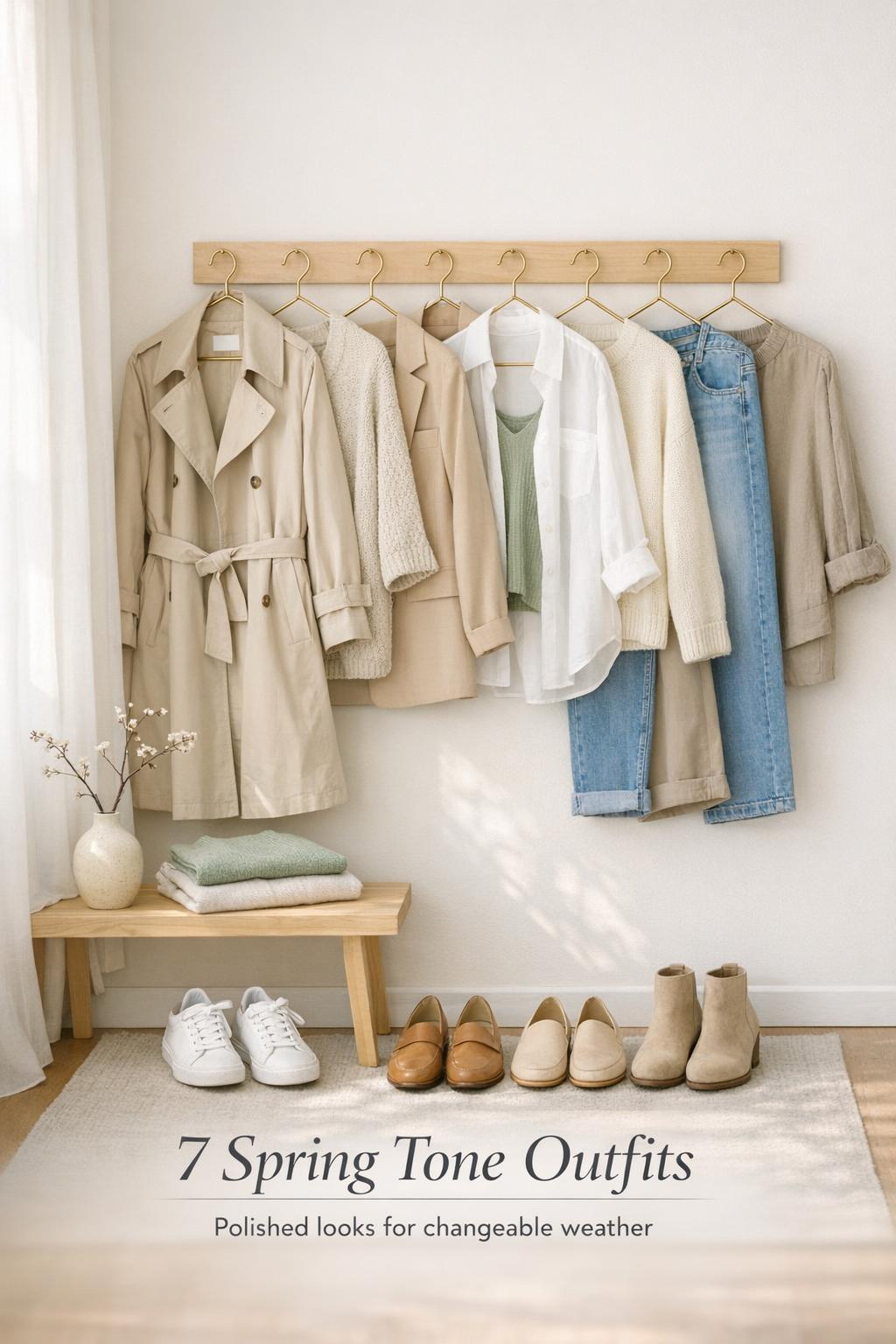 Spring tone outfits on a minimalist clothing rack in a bright bedroom with neutral layers and shoes, soft morning light.