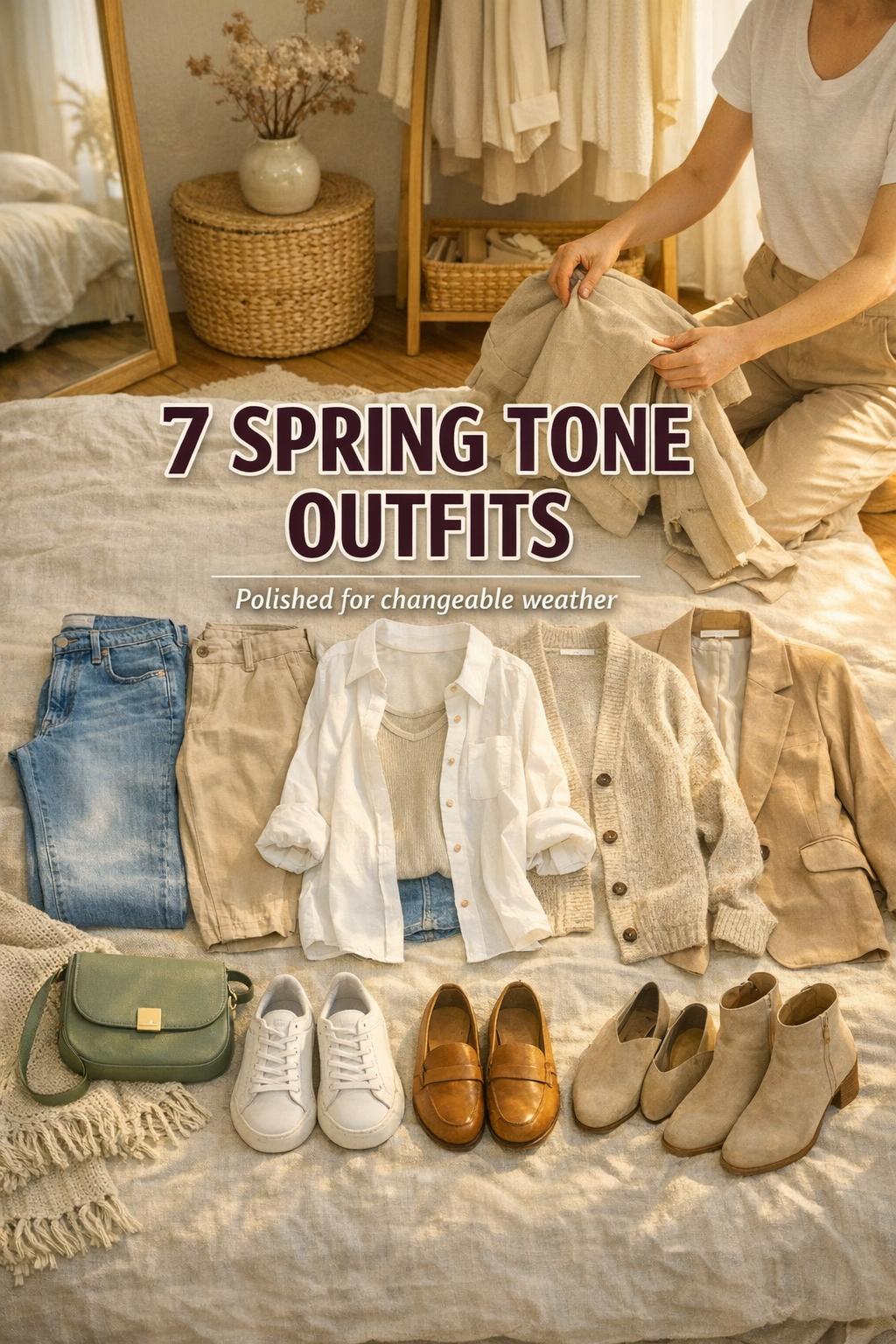 Spring tone outfits flat lay in a sunlit bedroom with neutral capsule wardrobe pieces and shoes, warm golden-hour light