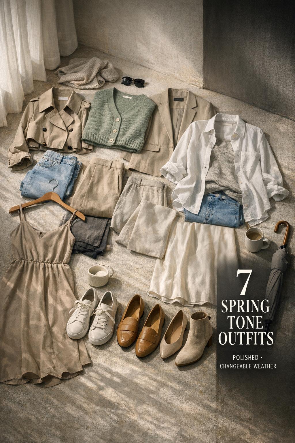 Spring tone outfits flat lay in a moody apartment entryway with neutral layers, denim, shoes, and right-side text overlay