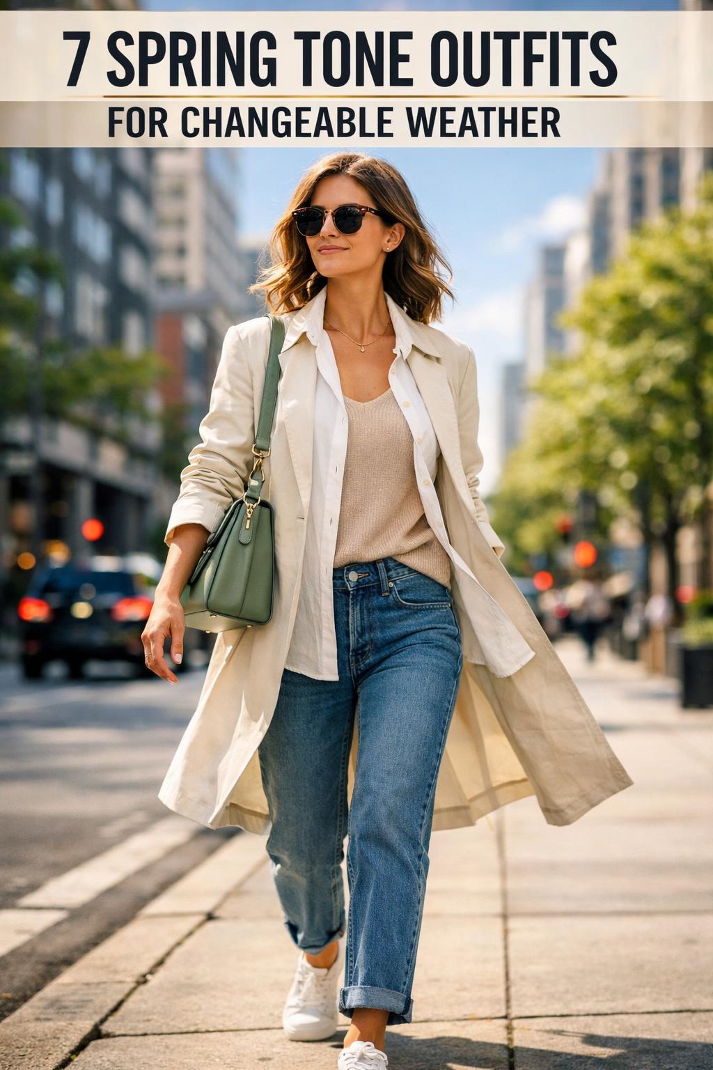 Spring tone outfits laid out with pastel layers, light denim, and neutral accessories in soft natural light