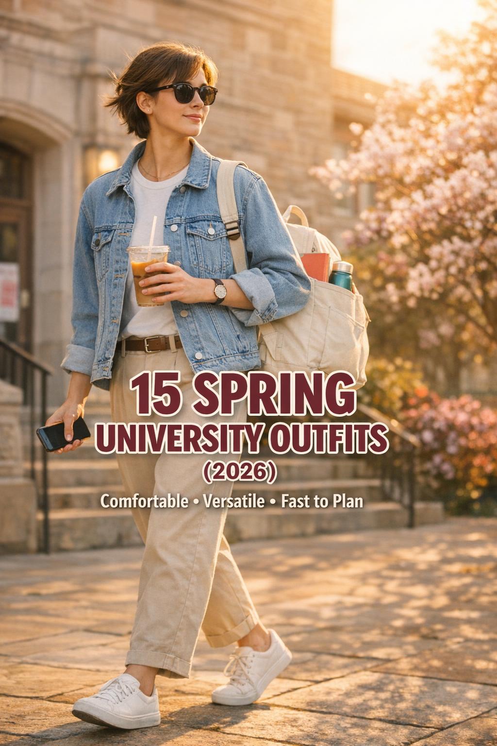 Spring university outfits hero image of a stylish student walking past a campus library at golden hour with iced coffee