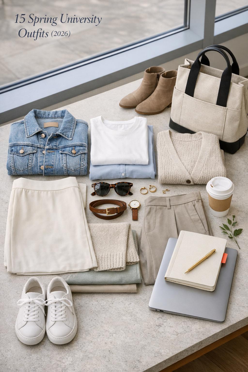 Spring university outfits flat lay in a bright campus library with denim jacket, pastel blouse, skirt, sneakers, and tote.
