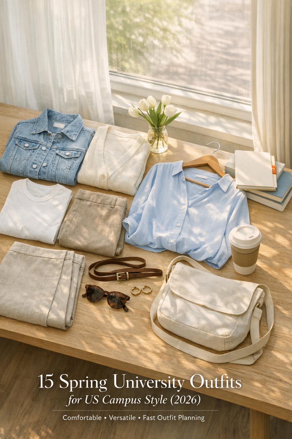 Spring university outfits flat lay on a bright campus library table with pastel layers, accessories, and tulips by a window