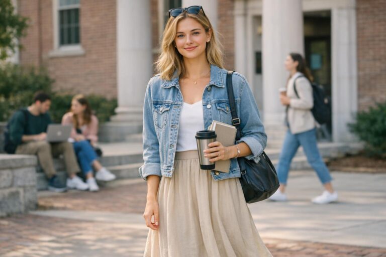 Spring university outfits with denim jacket, midi skirt, and sneakers on a US campus walkway