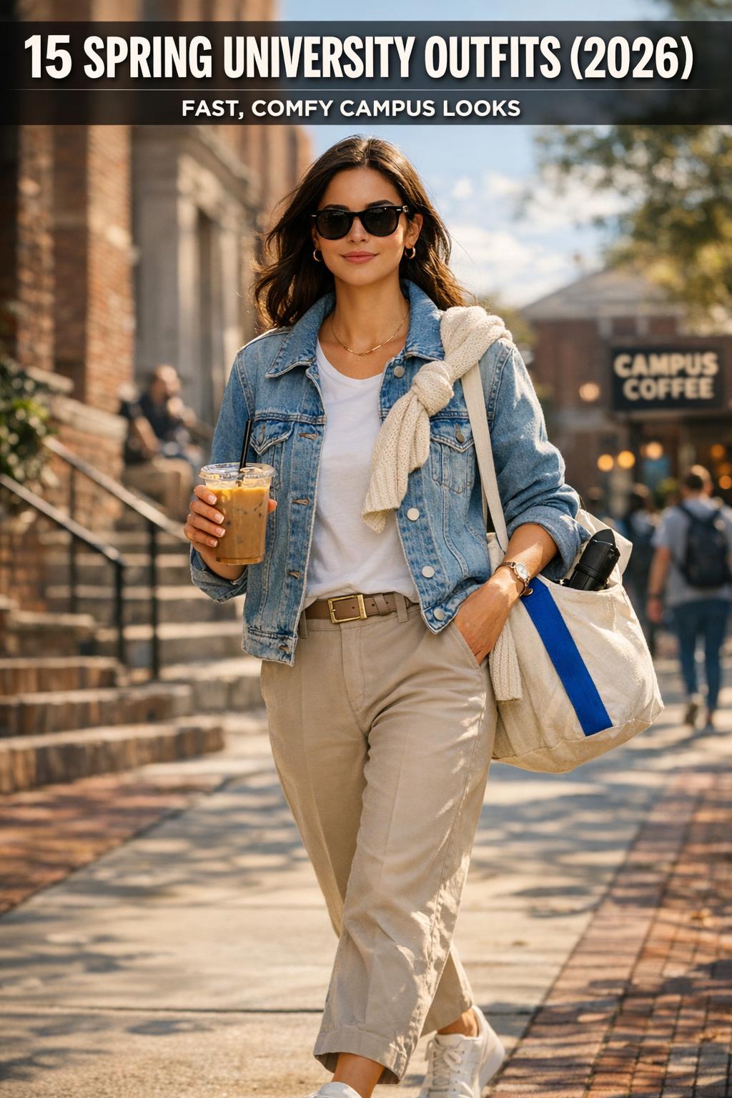 Spring university outfits on students walking across a sunny campus with light layers, sneakers, and backpacks