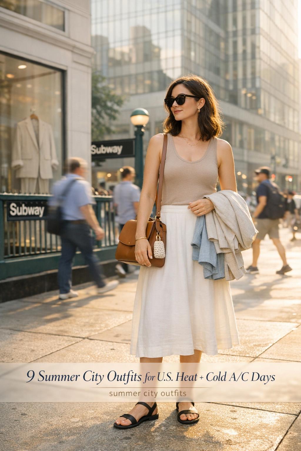 Summer city outfits commuter in white midi skirt and linen layers on a U.S. sidewalk by a subway entrance in soft sun