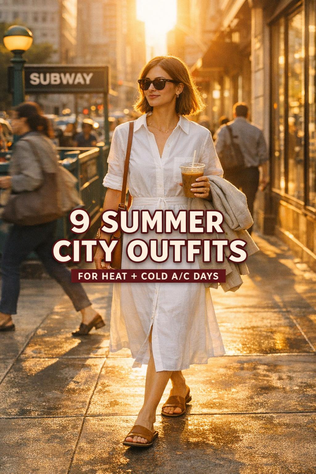 Summer city outfits idea: stylish woman in white midi dress walking a busy U.S. sidewalk at golden hour with blazer