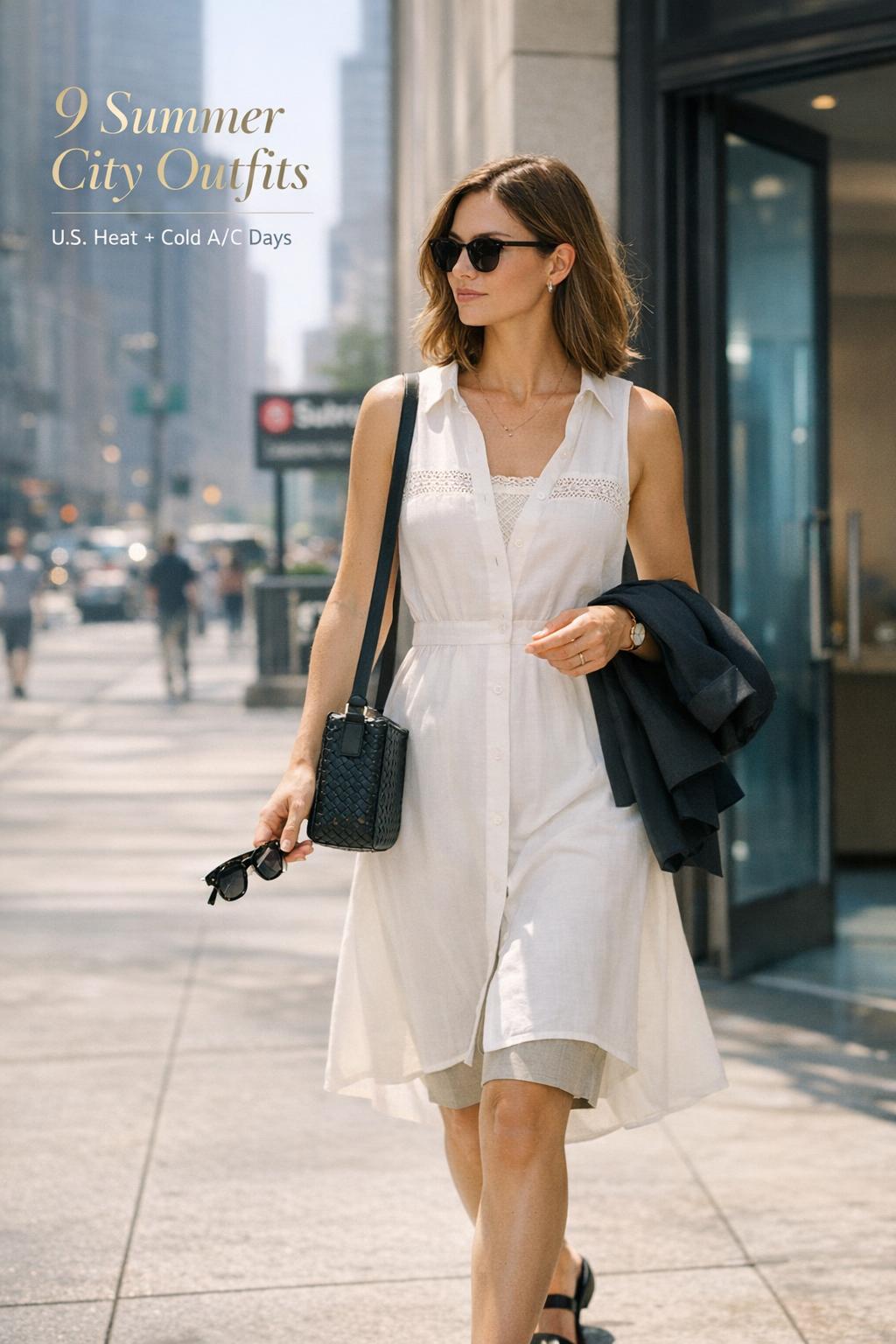 Summer city outfits: stylish woman in white midi dress on a sunny U.S. sidewalk, blazer in hand, modern editorial look