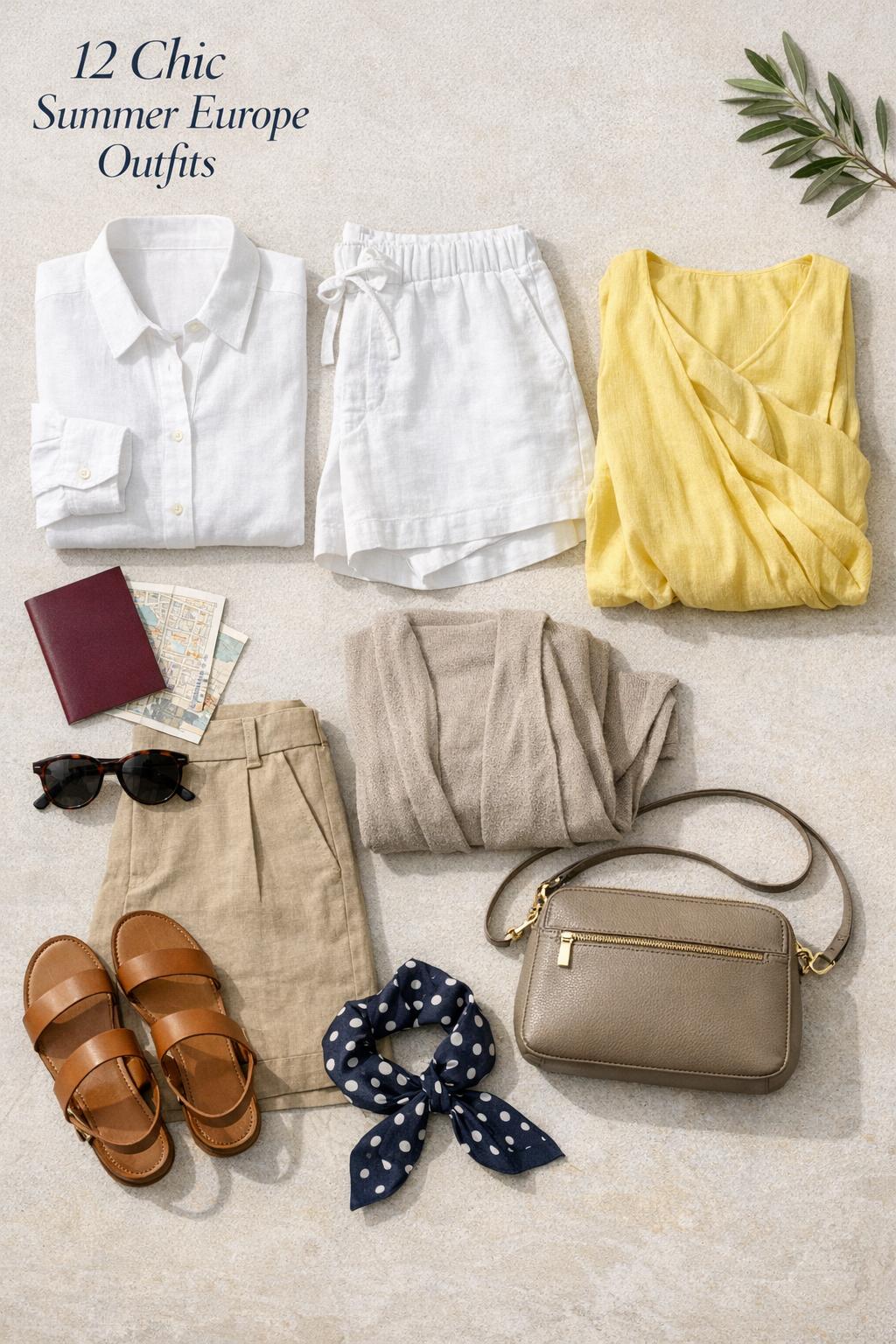 Minimalist flat lay of summer Europe outfits capsule wardrobe in neutral linen with lemon yellow dress, sandals, sunglasses, and map