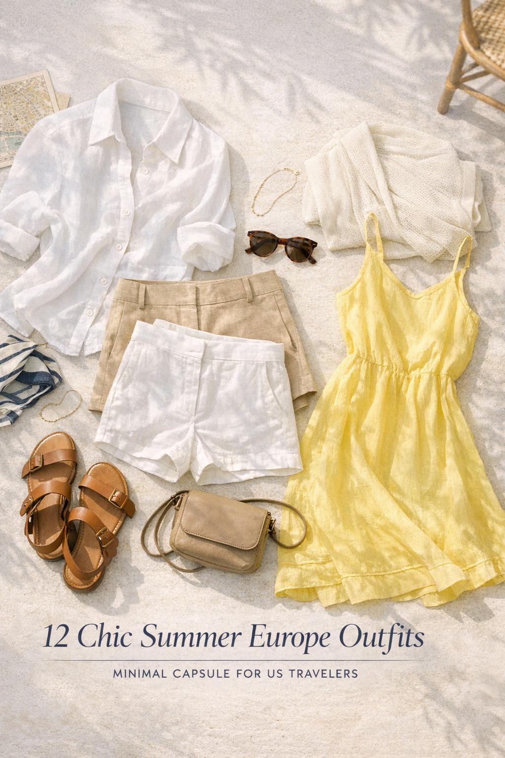 Summer Europe outfits flat lay with linen shirt, lemon midi dress, sandals, sunglasses, and travel accessories in soft morning light