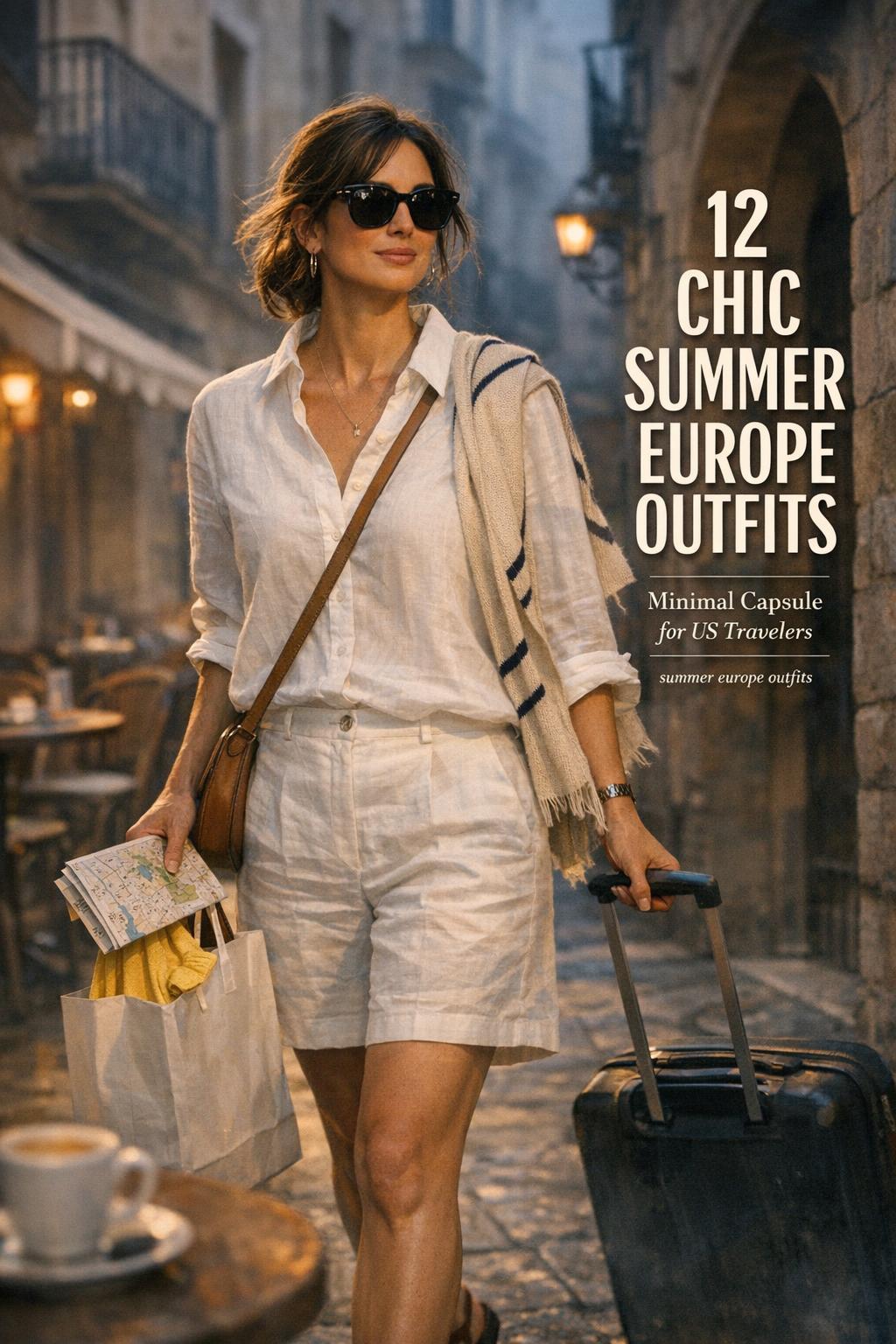 Summer europe outfits: chic US traveler in linen walking a sunlit historic European street with cinematic evening mood