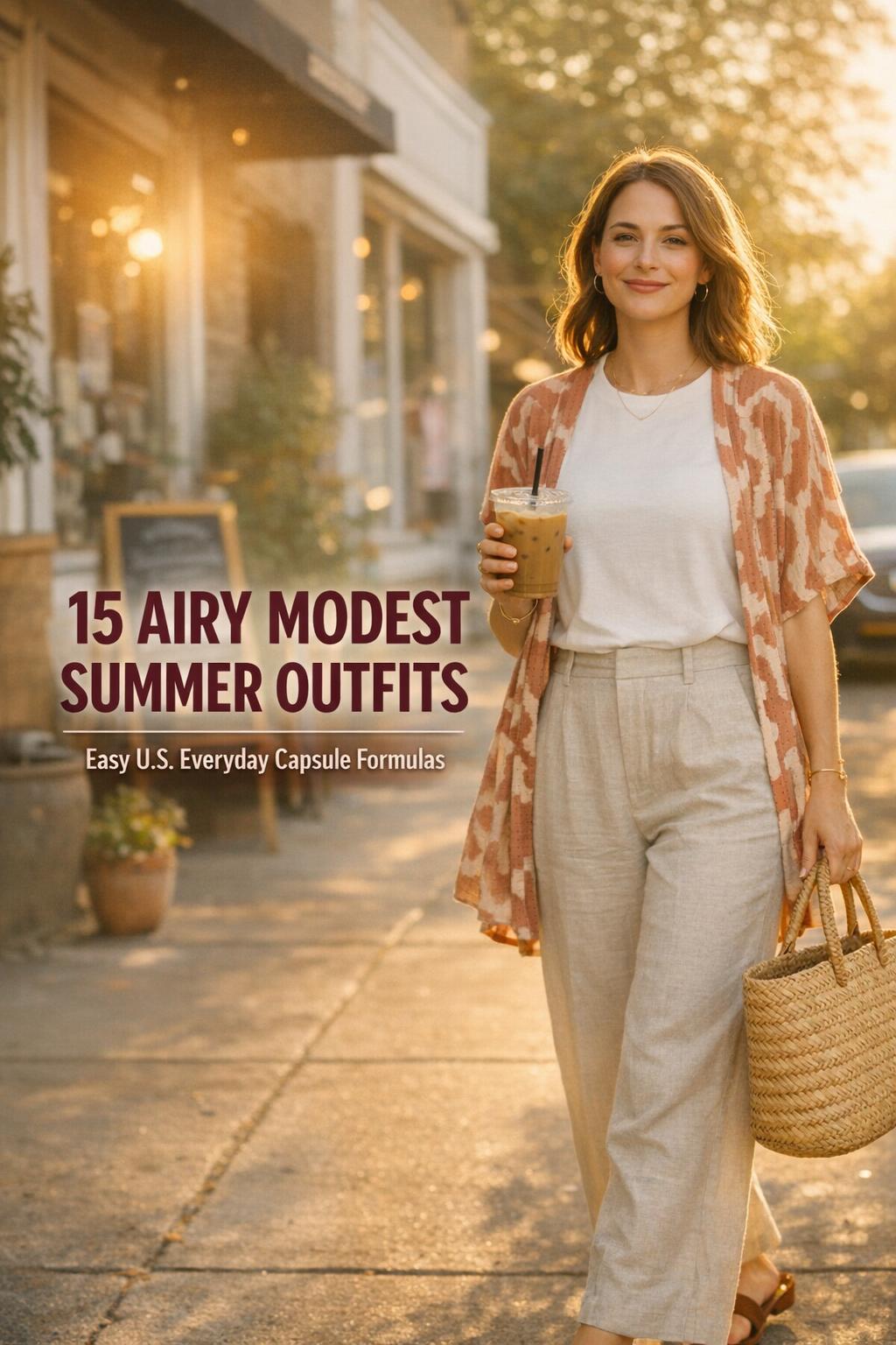 Summer outfits modest Pinterest pin featuring a woman in linen pants and kimono walking with iced coffee by a boutique