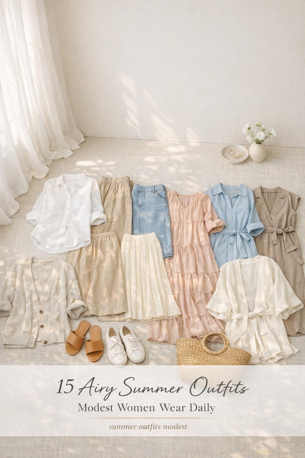 summer outfits modest capsule wardrobe flat lay in a sunlit neutral entryway with linen pieces, sandals, sneakers, and tote