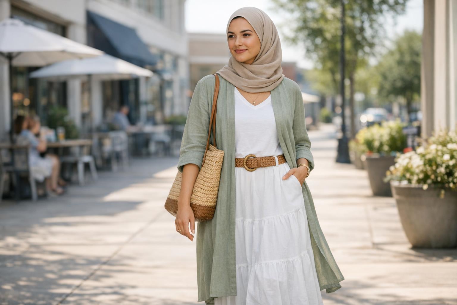 Summer outfits modest look with a linen maxi dress and lightweight kimono for airy, covered style in the U.S.