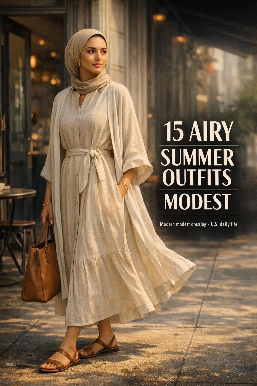 summer outfits modest cover featuring a woman in a sand linen midi dress outside a coffee shop on a sunny city sidewalk