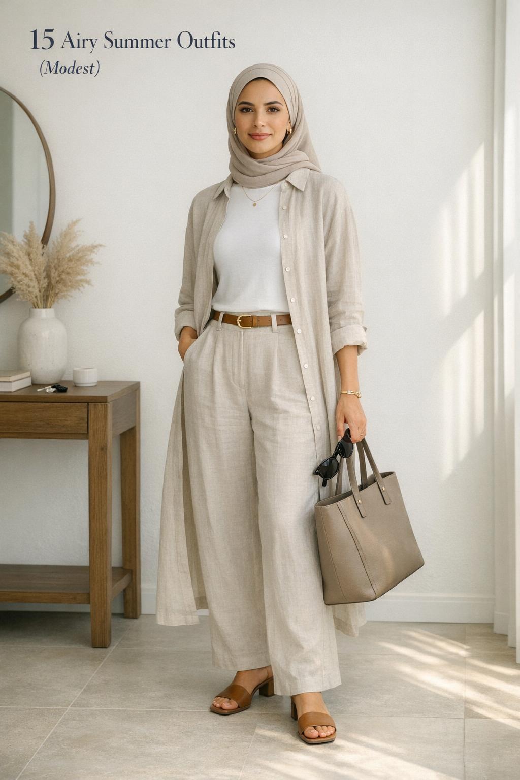 Summer outfits modest editorial photo of woman in linen wide-leg pants and white top in a bright apartment hallway