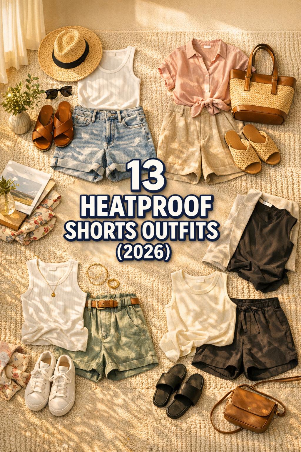 Summer outfits shorts flat lay with 4 heatproof shorts outfit formulas in a warm, modern home corner at golden hour