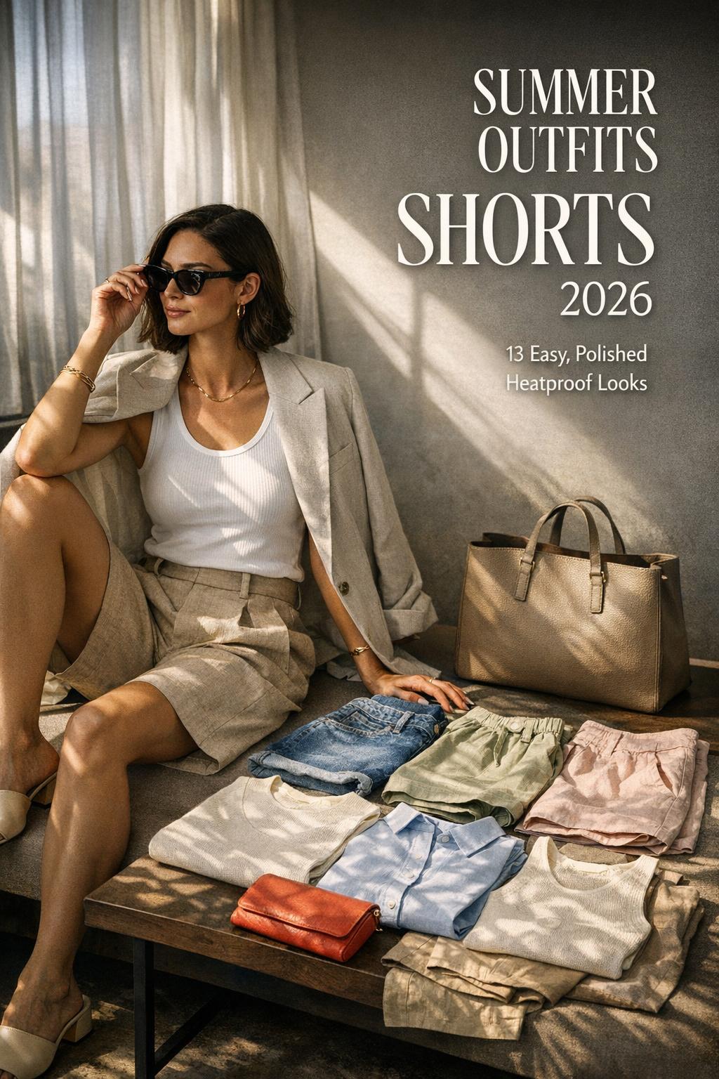 Summer outfits shorts lookbook photo of a stylish woman by a window, adjusting sunglasses beside an open suitcase and tote.